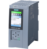 Siemens SIMATIC S7-1500 CPU with color display, showing system overview and control buttons for automation tasks.